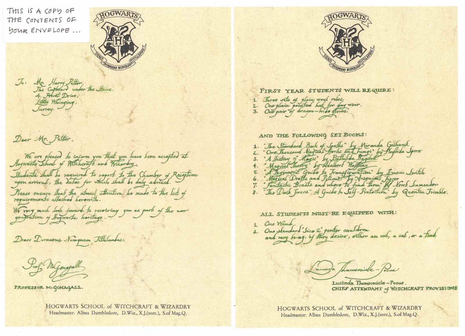Hogwarts Acceptance Letter From First Harry Potter Movie to Auction