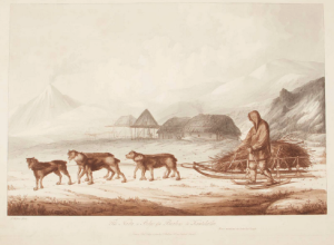 John Webber etching of Kamchatka scene with dogsled