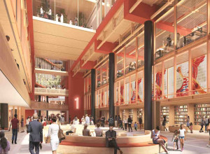 Artist’s impression of the new British Library extension, featuring visitors exploring the site and surrounding space