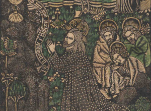 Christ on the Mount of Olives. Metal-cut relief print, hand-colored. Germany, ca. 1455–1465. 