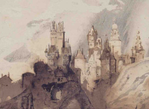 Victor Hugo, The Cheerful Castle, c. 1847. Pen, brown and black ink and wash, crayon on cardboard