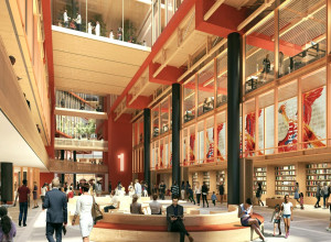 Artist’s impression of the new British Library extension, featuring visitors exploring the site and surrounding space