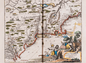 Hand-colored map of the New England region from John Ogilby's "America" (1671).