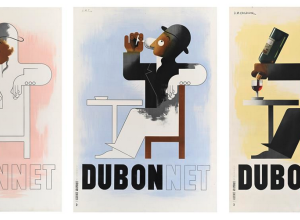 Triptych poster design for Dubonnet showing a man drinking an aperitif, filling with color as the triptych progresses.
