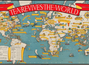 Map of the world titled on red banner "Tea Revives the World."