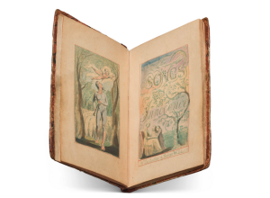 Opening from William Blake's Songs of Innocence, showing frontispiece and title page.