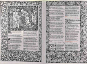 Trial sheet on vellum of William Morris’s Kelmscott Chaucer in the exhibition