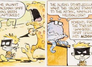 Bill Watterson, Calvin and Hobbes, first appearance of Spaceman Spiff, hand-colored daily comic strip original art dated November 29, 1985