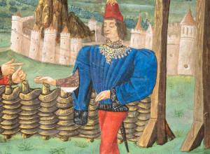 From his pointed shoes to his gilded hat, this knight embodies 1470s high fashion. Évrart de Trémaugon, Le Songe du Vergier. Illuminated by the Master of Gaste andcopied by Pierre de Condreu (or Coudren). France, Saint Chamond, 1469. (Detail)