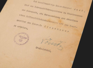 Document signed by Reich President Karl Dönitz authorizing the start of surrender negotiations with Allied forces