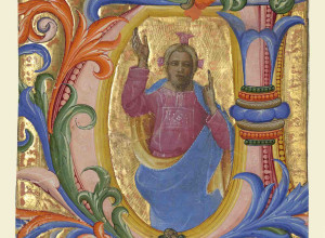 Initial V: Christ Blessing, cutting from a gradual, 1423 – 1424, by Lorenzo Monaco (Italian, about 1370 – 1423).  Tempera colors and gold.