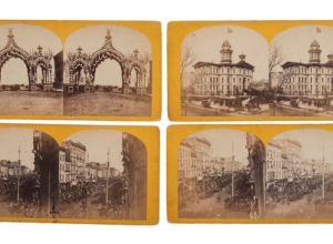 Four stereoviews of Lincoln's funeral procession in Chicago.