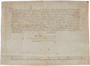 Manuscript document on vellum, written by Manoel I, King of Portugal, conferring a noble title to Vasco da Gama