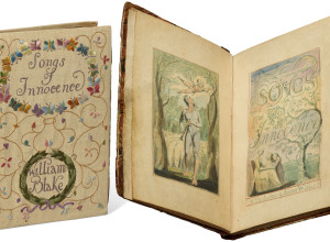 Opening from William Blake's Songs of Innocence, showing frontispiece and title page.