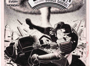 Brian Bolland original pen and ink cover art from an early run of 2000 AD, Issue 197, featuring Judge Dredd