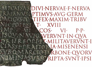 Reconstructed fragment of a bronze military diploma from Sardinia, issued by the emperor Trajan to a sailor on a warship. 113/14 CE