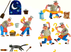 Eric Carle, “Walter worked all day and into the night.” Walter the Baker, 1995. Collage of acrylic-painted tissue paper with pen and ink on illustration board. 