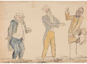 Charles Dickens (centre) during rehearsals for his own play, Mr Nightingale’s Diary performed at Tavistock House in 1855. On the left is Mark Lemon, editor of Punch magazine, on the right is either Wilkie Collins or illustrator Frank Stone.
