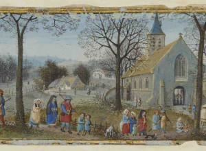 Villagers on Their Way to Church from Book of  Hours, about 1550.  Simon Bening (Flemish, about 1483 – 1561). Tempera colors and gold paint.