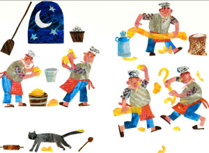 Eric Carle. “Walter worked all day and into the night.” Walter the Baker, 1995. Collage of acrylic-painted tissue paper with pen and ink on illustration board. 