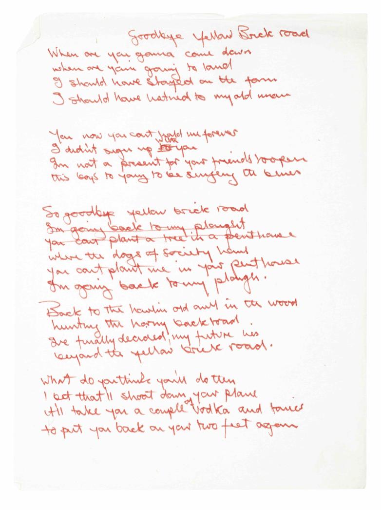 Original Handwritten Lyrics For Elton John’s Greatest Hits At Bonhams ...