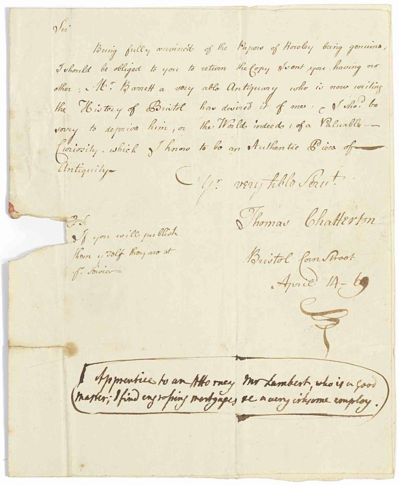 Letters reveal the dispute that pushed poet Thomas Chatterton to the brink, Poetry
