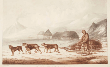 John Webber etching of Kamchatka scene with dogsled