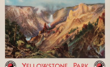 Northern Pacific railroad travel poster featuring Yellowstone illustration by Thomas Moran