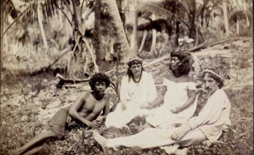 Robert Louis Stevenson and his wife Fanny with two Marquesas islanders in Butaritari, Gilbert Islands, c. July 1889.