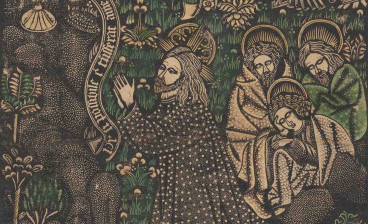 Christ on the Mount of Olives. Metal-cut relief print, hand-colored. Germany, ca. 1455–1465. 