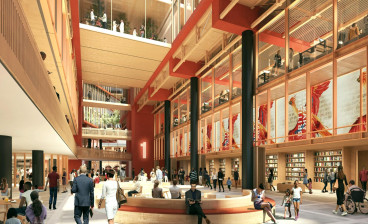 Artist’s impression of the new British Library extension, featuring visitors exploring the site and surrounding space