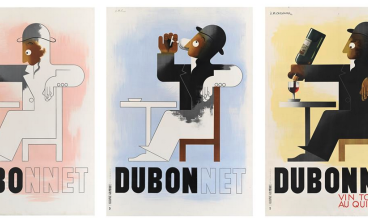 Triptych poster design for Dubonnet showing a man drinking an aperitif, filling with color as the triptych progresses.