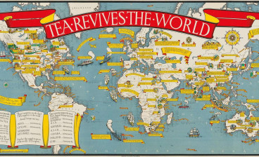 Map of the world titled on red banner "Tea Revives the World."