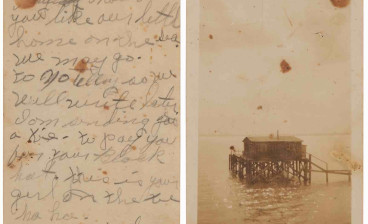 Handwritten letter from Clyde Barrow to his brother on the back of a photograph of one of the gang's Gulf Coast hideouts