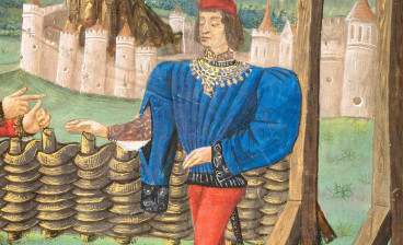 From his pointed shoes to his gilded hat, this knight embodies 1470s high fashion. Évrart de Trémaugon, Le Songe du Vergier. Illuminated by the Master of Gaste andcopied by Pierre de Condreu (or Coudren). France, Saint Chamond, 1469. (Detail)