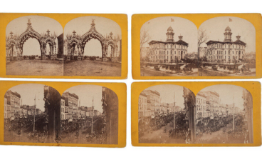 Four stereoviews of Lincoln's funeral procession in Chicago.