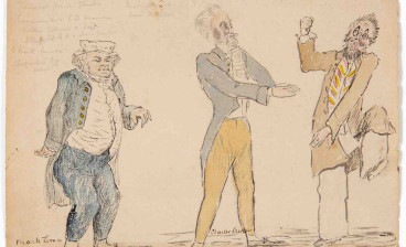 Charles Dickens (centre) during rehearsals for his own play, Mr Nightingale’s Diary performed at Tavistock House in 1855. On the left is Mark Lemon, editor of Punch magazine, on the right is either Wilkie Collins or illustrator Frank Stone.
