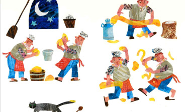 Eric Carle. “Walter worked all day and into the night.” Walter the Baker, 1995. Collage of acrylic-painted tissue paper with pen and ink on illustration board. 