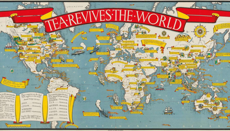 Map of the world titled on red banner &quot;Tea Revives the World.&quot;