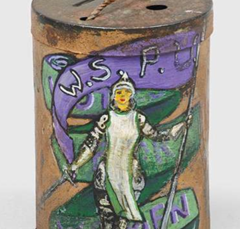A hand-painted women’s suffrage donation tin 