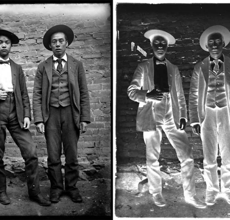 Early photo and glass plate negative of Chinese Americans in Los Angeles