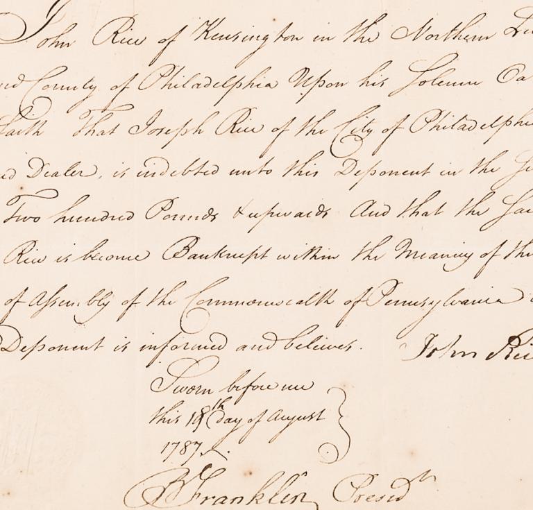 A 1787 sworn oath testifying to a debt owed by a Philadelphia sailmaker signed by Benjamin Franklin