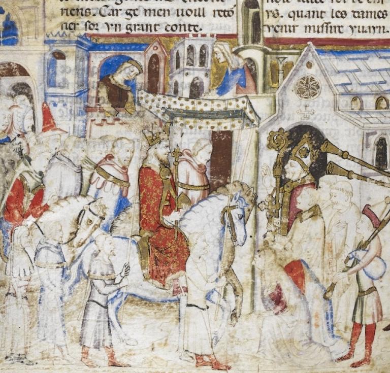 Bas-de page miniature of King Arthur from Guiron le Courtois