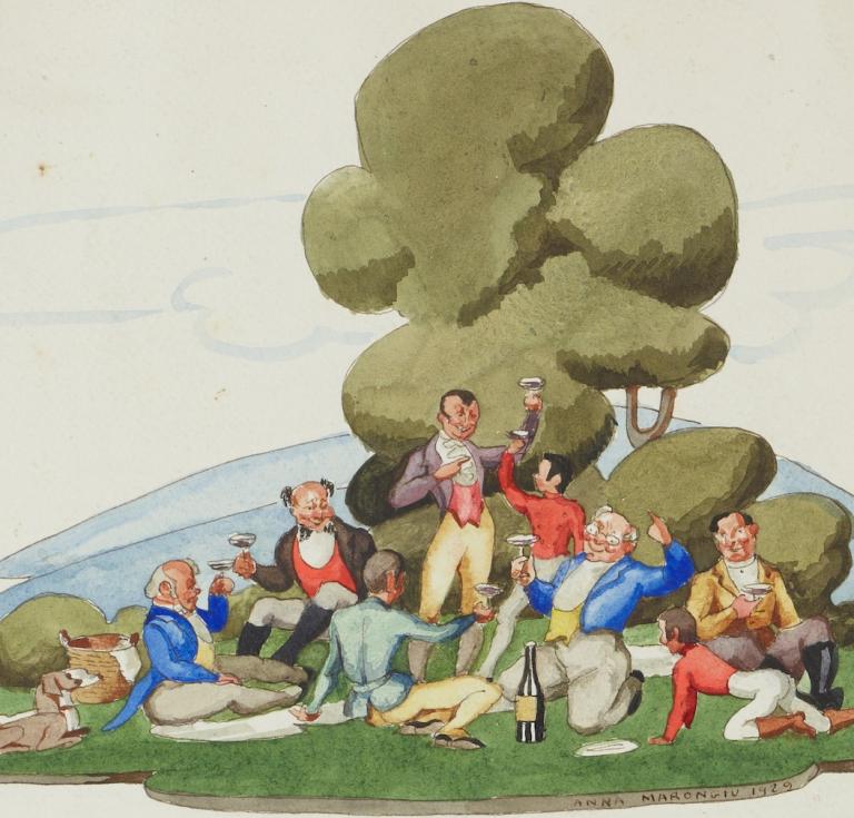 Unpublished watercolor illustration of a 'Pickwick' picnic
