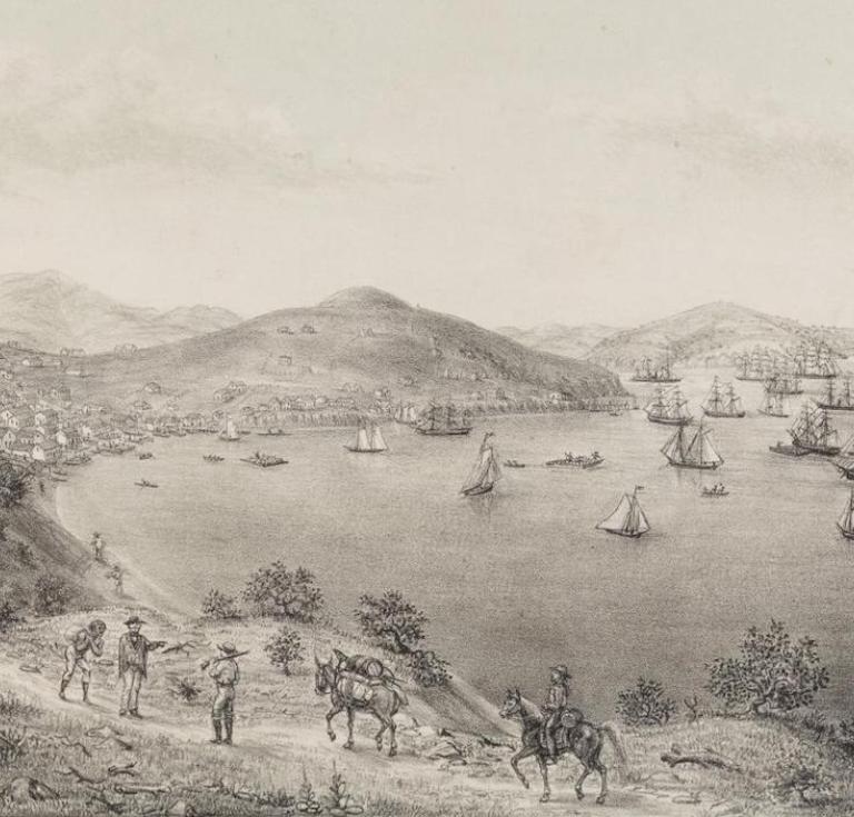 George H. Baker's drawing of San Francisco harbor on June 1, 1849