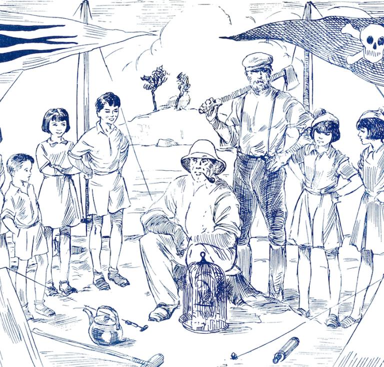 Drawing of the Swallows and Amazons with Captain Flint 