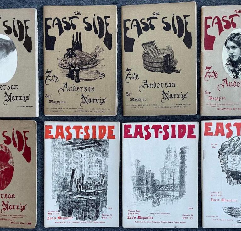 Some of the 29 issues of The East Side, Zoe Anderson Norris’s magazine, 1909-1914.