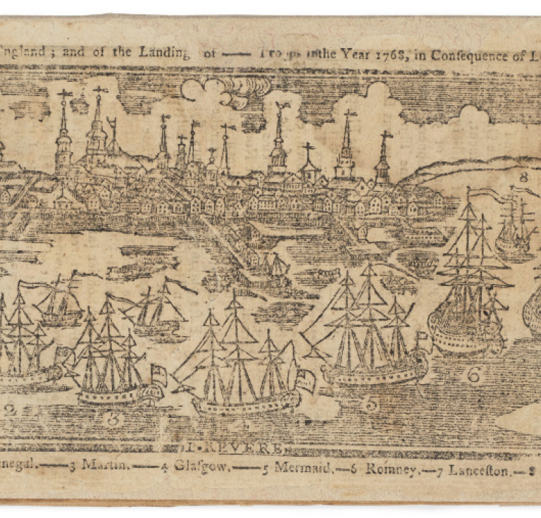 Metal engraving by Paul Revere of Boston Harbor, 1769