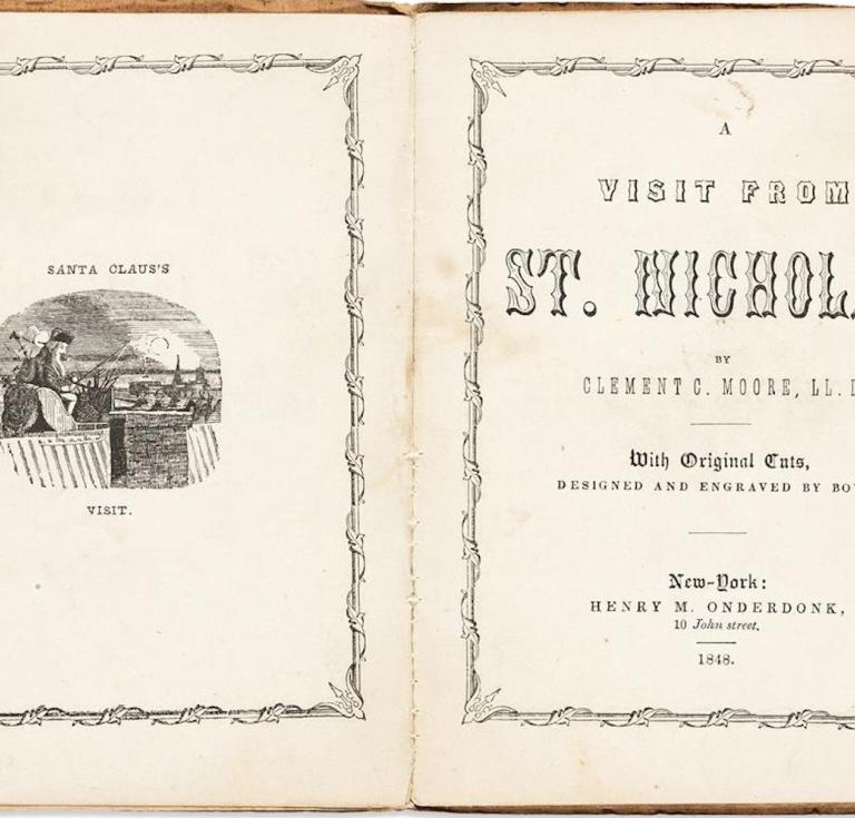 Lot 231: Clement C. Moore, A Visit from St. Nicholas, rare first fully-illustrated book-length edition of ‘Twas the Night Before Christmas, New York, 1848. Estimate $6,000 to $8,000.