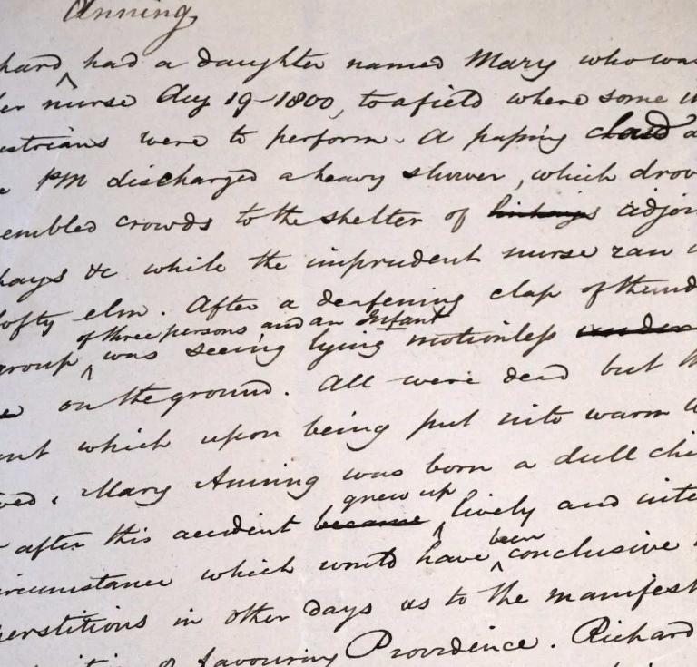 A page from the manuscript which includes details of Mary Anning being struck by lightning as a baby.